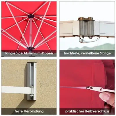 Slnečník na stenu, sklopný nástenný slnečník, balkónový slnečník s nastaviteľnou hliníkovou tyčou Ø 250 cm, červený