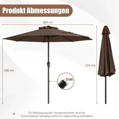 Záhradný slnečník 250 cm s kľukou, terasový slnečník s 8 rebrami, hnedý