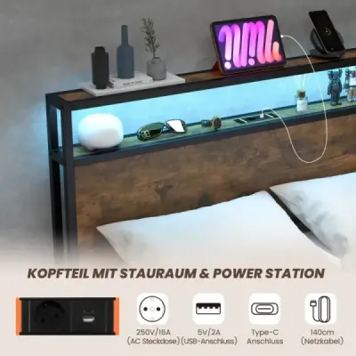 Rám manželskej postele s LED platformou a zásuvkami, tichý rám postele, rustikálna hnedá