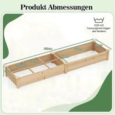 Vyvýšený drevený záhradný záhon s 2 debničkami a priečkami 228 x 62 x 25 cm Prírodný