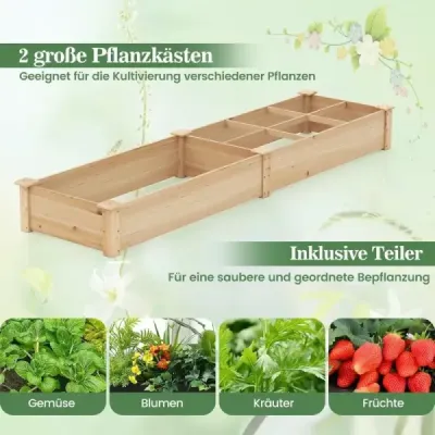 Vyvýšený drevený záhradný záhon s 2 debničkami a priečkami 228 x 62 x 25 cm Prírodný