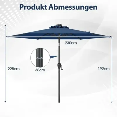 230 cm slnečník s LED solárnym osvetlením a kľukou záhradný dáždnik market dáždnik námornícka modrá