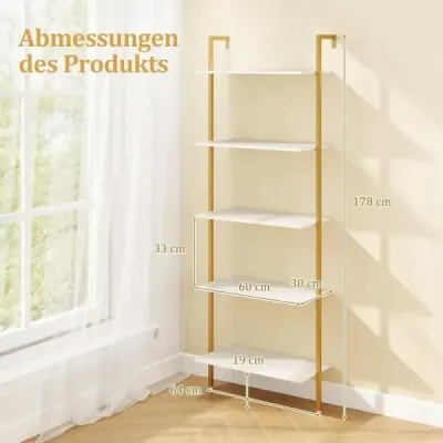 5-stupňový rebríkový regál s kovovým rámom a nastaviteľnými podložkami pod nohy Nástenný regál na knihy