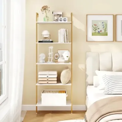 5-stupňový rebríkový regál s kovovým rámom a nastaviteľnými podložkami pod nohy Nástenný regál na knihy