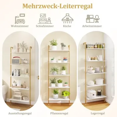 5-stupňový rebríkový regál s kovovým rámom a nastaviteľnými podložkami pod nohy Nástenný regál na knihy