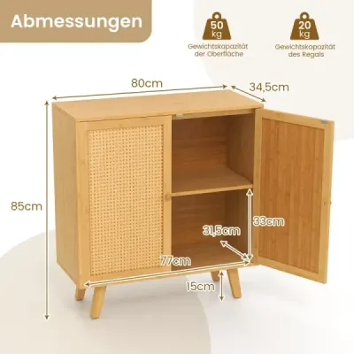 Príborník s 2 ratanovými dvierkami Bambusová kuchynská skrinka s pracovnou doskou 80 x 34,5 x 85 cm Prírodný Príborník s 2 ratanovými dvierkami Bambusová kuchynská skrinka s pracovnou doskou 80 x 34,5 x 85 cm Prírodný