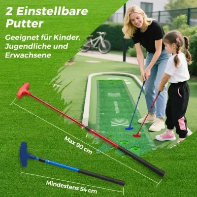 332 cm golfová podložka na putting s 2 nastaviteľnými palicami a 6 loptičkami, cvičná golfová podložka