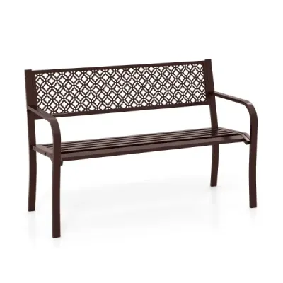 Záhradná kovová lavička odolná voči poveternostným vplyvom pre 2 osoby, balkónová lavička s operadlom a lakťovou opierkou 127 x 59 x 82 cm, hnedá