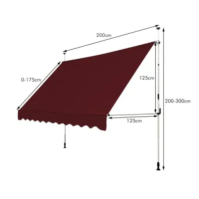Markíza s upínacou svorkou, 200 cm široká, balkónová markíza bez vŕtania, odolná voči UV žiareniu, výškovo nastaviteľná, vínovo červená