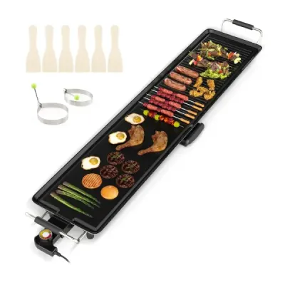 Gril Teppanyaki 1800W Elektrická grilovacia doska s nepriľnavým povrchom, nastaviteľným termostatom teploty a odkvapkávacou miskou na tuk 100 cm