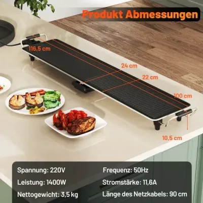 Gril Teppanyaki 1800W Elektrická grilovacia doska s nepriľnavým povrchom, nastaviteľným termostatom teploty a odkvapkávacou miskou na tuk 100 cm