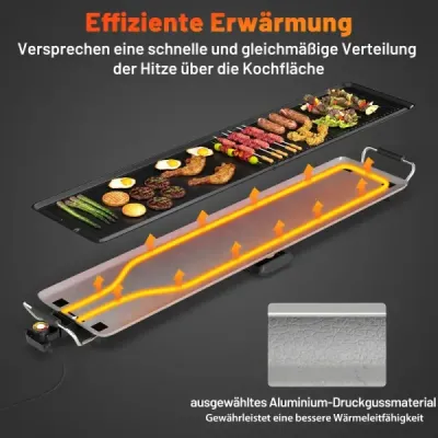 Gril Teppanyaki 1800W Elektrická grilovacia doska s nepriľnavým povrchom, nastaviteľným termostatom teploty a odkvapkávacou miskou na tuk 100 cm