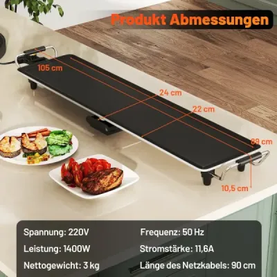 Gril Teppanyaki 1800W Elektrická grilovacia doska s nepriľnavým povrchom, nastaviteľným termostatom teploty a odkvapkávacou miskou na tuk 90 cm