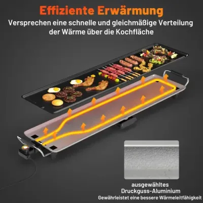 Gril Teppanyaki 1800W Elektrická grilovacia doska s nepriľnavým povrchom, nastaviteľným termostatom teploty a odkvapkávacou miskou na tuk 90 cm