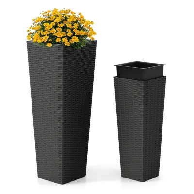 Sada 2 kvetináčov s vnútorným kvetináčom s výškou 82 cm / 60 cm, ratanové kvetináče, stohovateľné kvetináče s drenážnymi otvormi, čierna
