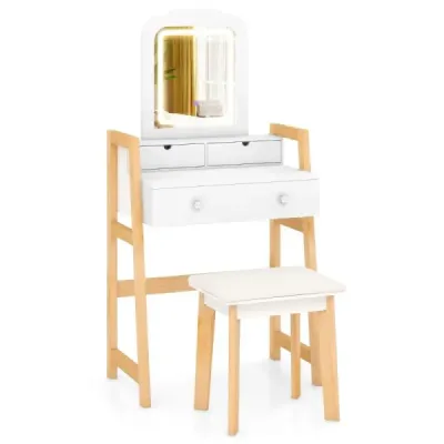 Drevený toaletný stolík so stoličkou a zrkadlom a 3 zásuvkami Toaletný stolík 64 x 41 x 137 cm Biely