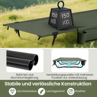 Ultraľahká kempingová posteľ Kempingová posteľ s bočným vreckom Prenosná skladacia posteľ Nosnosť 150 kg Zelená