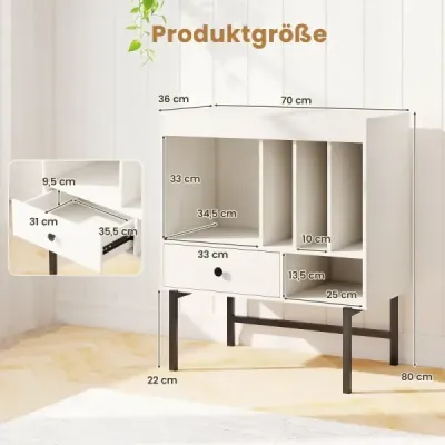 Moderný stojan na gramofónové platne s držiakmi na albumy a bočnou zásuvkou biely