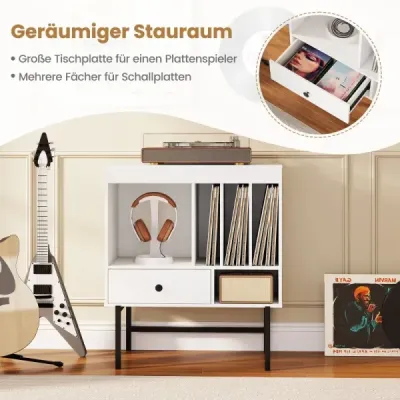 Moderný stojan na gramofónové platne s držiakmi na albumy a bočnou zásuvkou biely