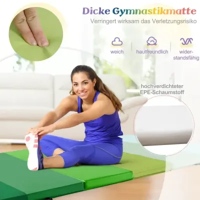 Skladacia gymnastická podložka 180 x 120 cm Mäkká podlahová podložka Gymnastická podložka 3-násobne skladacia z PU s rukoväťou na prenášanie Zelená