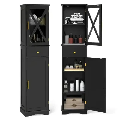 Kúpeľňová skrinka Vysoká skrinka s nastaviteľnými policami a zásuvkou Kúpeľňová skrinka čierna