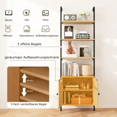 3-úrovňová knižnica s ratanovou skriňou 184 cm nástenná rebríková polica Otvorená prezentačná polica