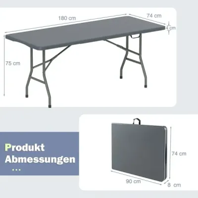 Záhradný stôl 180 x 74 cm skladací kempingový stôl Skladací stôl s HDPE doskou a rukoväťou na prenášanie Sivá