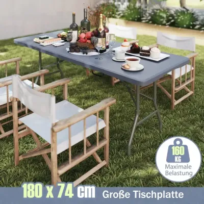 Záhradný stôl 180 x 74 cm skladací kempingový stôl Skladací stôl s HDPE doskou a rukoväťou na prenášanie Sivá