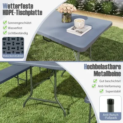 Záhradný stôl 180 x 74 cm skladací kempingový stôl Skladací stôl s HDPE doskou a rukoväťou na prenášanie Sivá