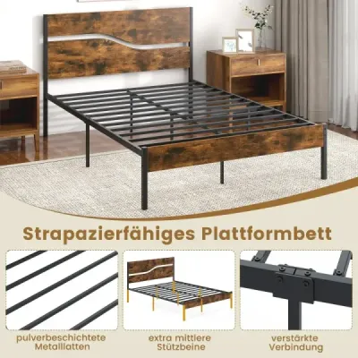 Kovový rám postele pre matrac 200 x 140 cm, priemyselná posteľ s platformou a dreveným čelom a nohou, rustikálna hnedá