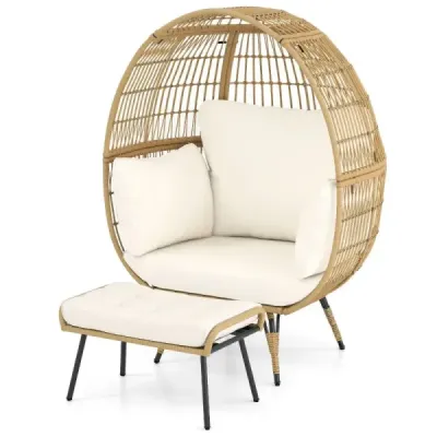Ratanové prútené kreslo s taburetkou Nadrozmerné záhradné kreslo s vankúšom XXL ratanové kreslo biele