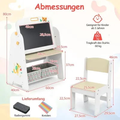 Detský stojan so stoličkou Detská tabuľa s policou a magnetickou tabuľou a tabuľou na písanie prírodnými kriedami