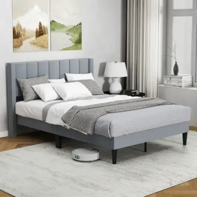 Čalúnený rám manželskej postele pre posteľ s plošinou na matrac 200 x 140 cm s čelom, sivý rám postele