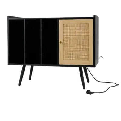 Ratanový stojan na gramofón s nabíjacou stanicou Stolík na vinylové platne pre 220 platní čierny