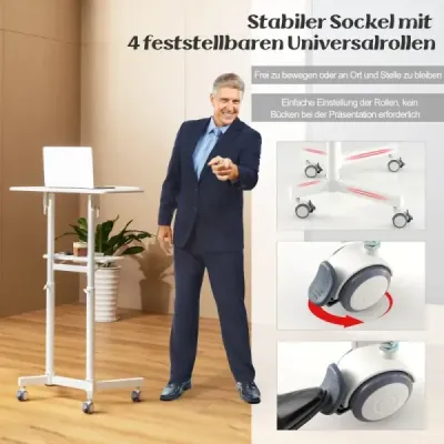 Mobilný rečnícky pult Stojaci stôl Výškovo nastaviteľný vozík na notebook s naklápacou doskou Biely Mobilný rečnícky pult Stojaci stôl Výškovo nastaviteľný vozík na notebook s naklápacou doskou Biely