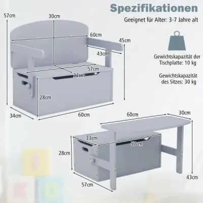 Detský stôl 3 v 1 s lavicou Detská drevená sedacia súprava s úložným priestorom a dekou 60 x 34 x 57 cm Sivá Detský stôl 3 v 1 s lavicou Detská drevená sedacia súprava s úložným priestorom a dekou 60 x 34 x 57 cm Sivá