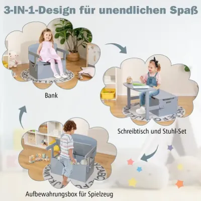 Detský stôl 3 v 1 s lavicou Detská drevená sedacia súprava s úložným priestorom a dekou 60 x 34 x 57 cm Sivá Detský stôl 3 v 1 s lavicou Detská drevená sedacia súprava s úložným priestorom a dekou 60 x 34 x 57 cm Sivá