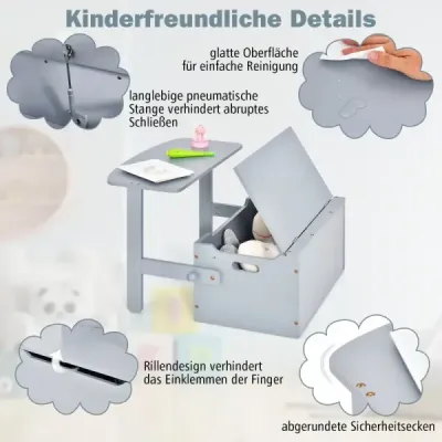 Detský stôl 3 v 1 s lavicou Detská drevená sedacia súprava s úložným priestorom a dekou 60 x 34 x 57 cm Sivá Detský stôl 3 v 1 s lavicou Detská drevená sedacia súprava s úložným priestorom a dekou 60 x 34 x 57 cm Sivá