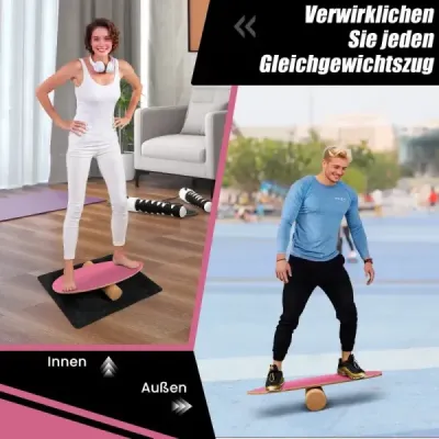 Drevená balančná doska Balance trainer Trickboard na doma vrátane korkového valca Hot Pink