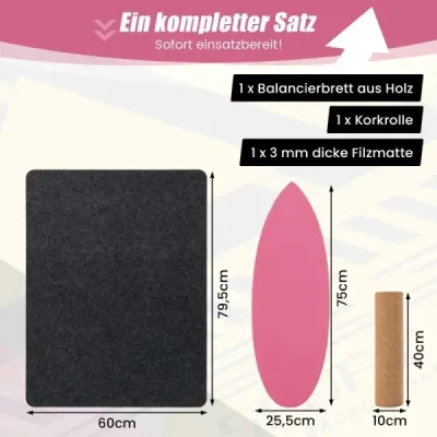 Drevená balančná doska Balance trainer Trickboard na doma vrátane korkového valca Hot Pink