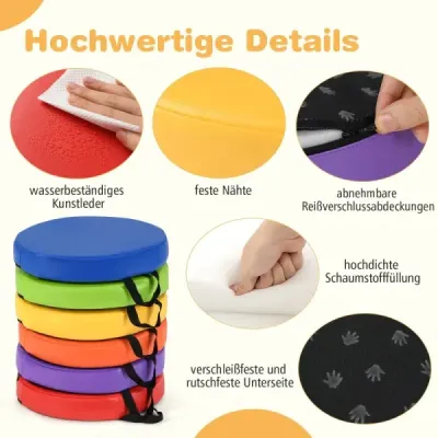 Sada 6 detských okrúhlych vankúšov na sedenie Vankúš na podlahu s rukoväťou a zipsom Vankúš na stoličku 35 x 35 cm