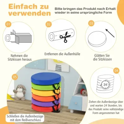 Sada 6 detských okrúhlych vankúšov na sedenie Vankúš na podlahu s rukoväťou a zipsom Vankúš na stoličku 35 x 35 cm