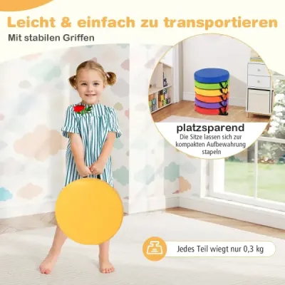 Sada 6 detských okrúhlych vankúšov na sedenie Vankúš na podlahu s rukoväťou a zipsom Vankúš na stoličku 35 x 35 cm