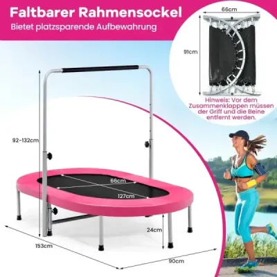 Trampolína pre 2 osoby s výškovo nastaviteľnou rukoväťou Mini trampolína 154 x 90 x 92 -132 cm Ružová