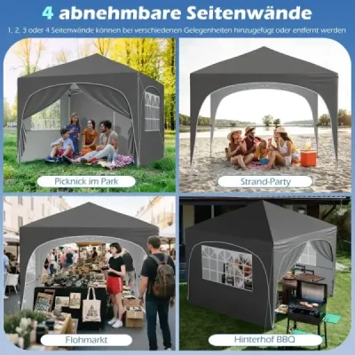 3 x 3 M pavilón so 4 odnímateľnými bočnými stenami Záhradný stan vrátane rolovacieho vaku 8 kolíkov 4 kotvy Sivá