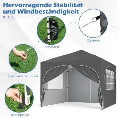 3 x 3 M pavilón so 4 odnímateľnými bočnými stenami Záhradný stan vrátane rolovacieho vaku 8 kolíkov 4 kotvy Sivá