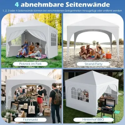 3 x 3 M pavilón so 4 odnímateľnými bočnými stenami Záhradný stan vrátane rolovacieho vaku 8 kolíkov 4 kotvy Biela