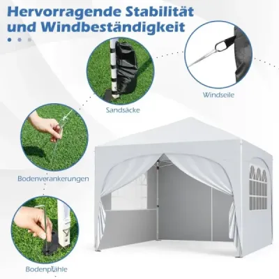 3 x 3 M pavilón so 4 odnímateľnými bočnými stenami Záhradný stan vrátane rolovacieho vaku 8 kolíkov 4 kotvy Biela