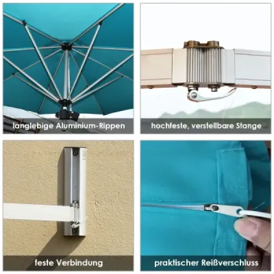 Slnečník na stenu, sklopný nástenný slnečník, balkónový slnečník s nastaviteľnou hliníkovou tyčou Ø 250 cm, tyrkysový