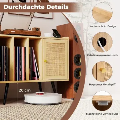 Ratanový stojan na gramofón s nabíjacou stanicou Stolík na vinylové platne pre 220 platní Príroda